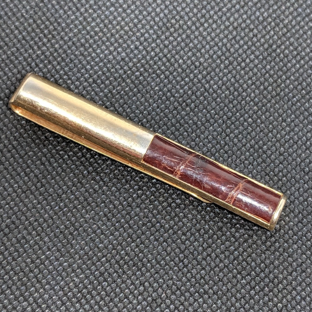Vintage Swank Tie Bar Dark Leather Gold Tone